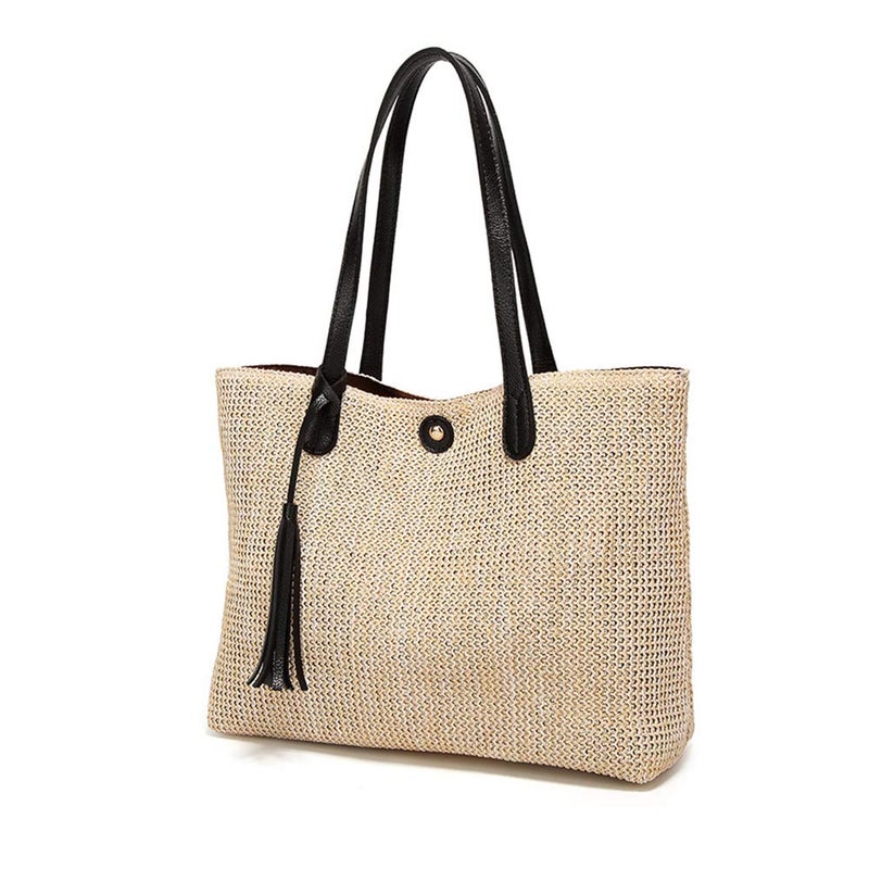 QTKJ Women Straw Summer Beach Bag Handwoven Big Tote Leather Shoulder Handbag with Tassel Decorate (Beige) - Image 1